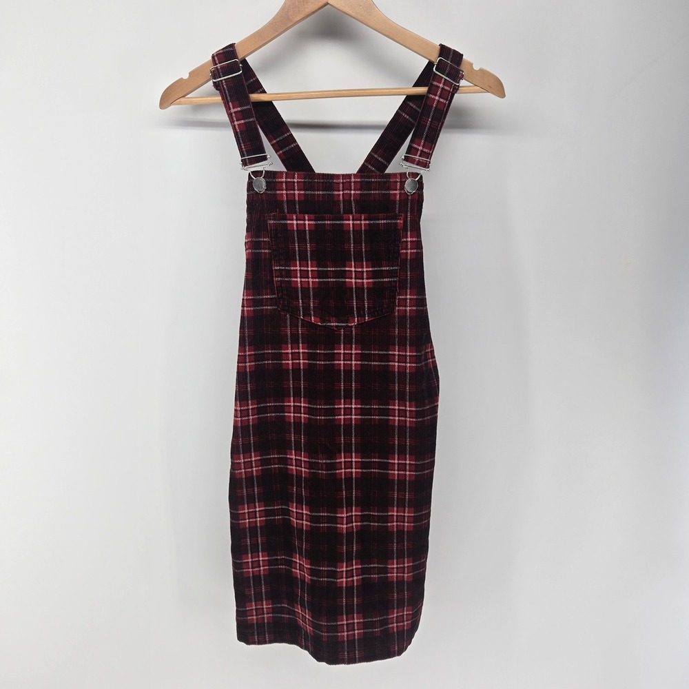 Topshop Pinafore Dress Women 6 Red Black Plaid Corduroy Overall Mini Preppy